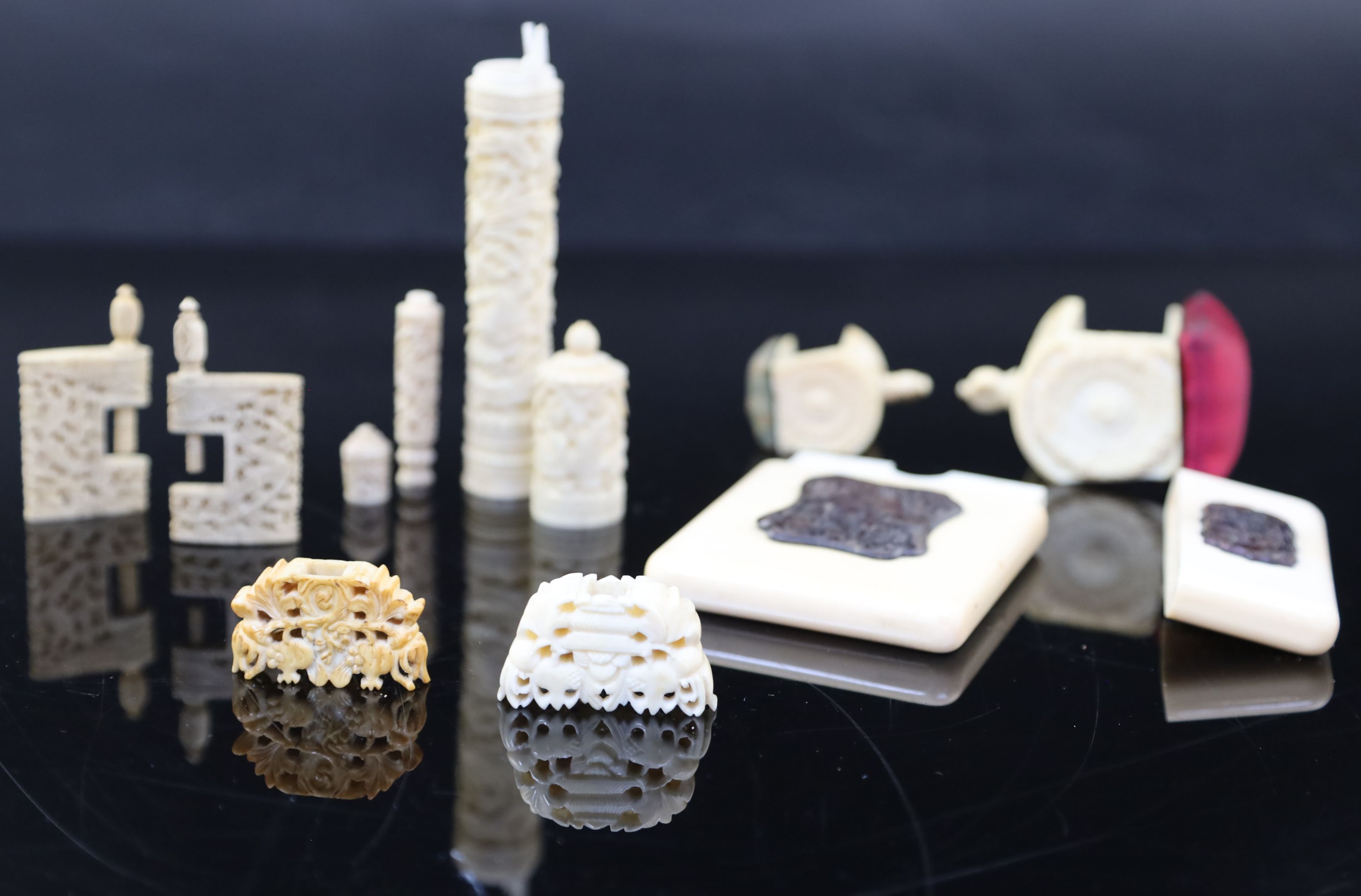 A group of 19th century Chinese carved ivory sewing accessories